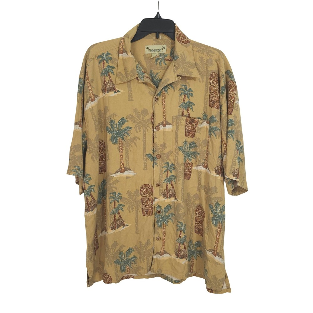 Paradise Coves Silk Tiki Palm Tree Hawaiian Button Up Shirt Mens XXL Tan